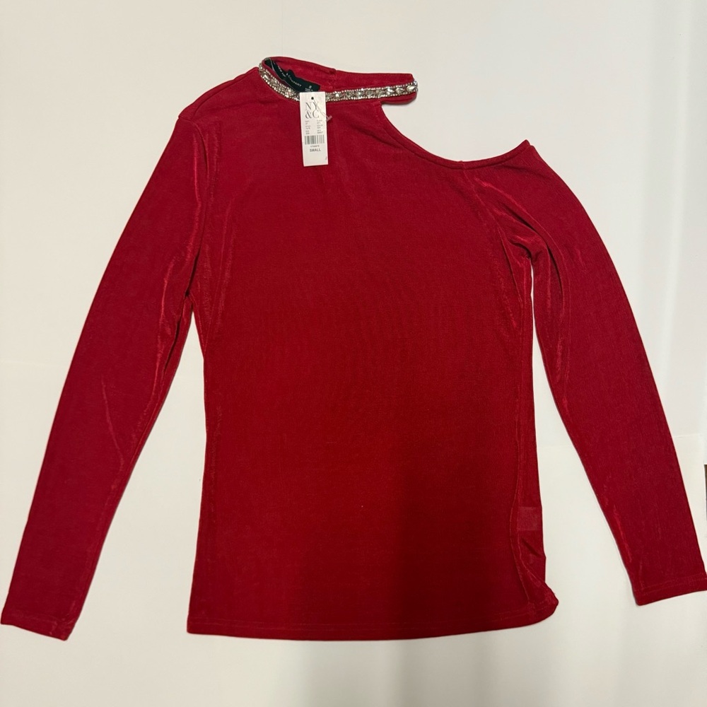 New York & Company Red Asymmetrical Long Sleeve Top